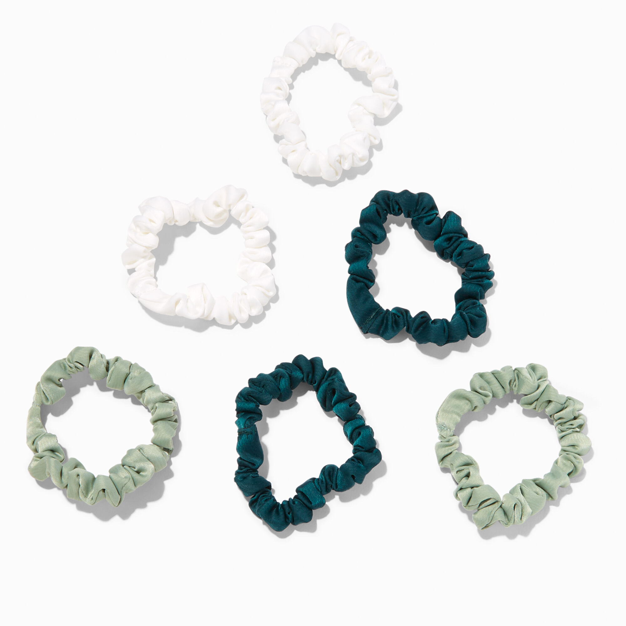 View Claires Shades Of Skinny Silky Hair Scrunchies 6 Pack Green information