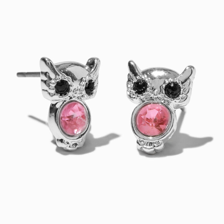Pink Gemstone Owl Stud Earrings,
