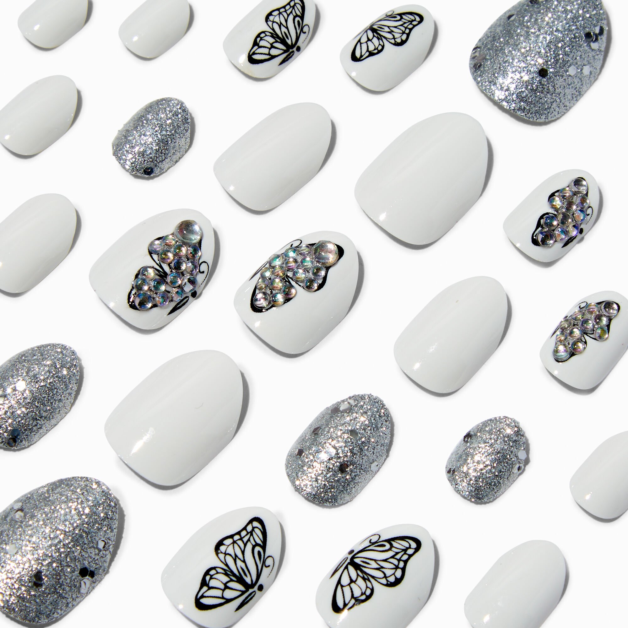 View Claires Butterfly Bling Stiletto Press On Vegan Faux Nail Set 24 Pack information