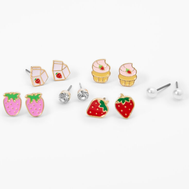 Strawberry Motif Stud Earrings - 6 Pack,