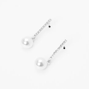 Silver-tone Pearl Crystal 1&quot; Bar Drop Earrings,