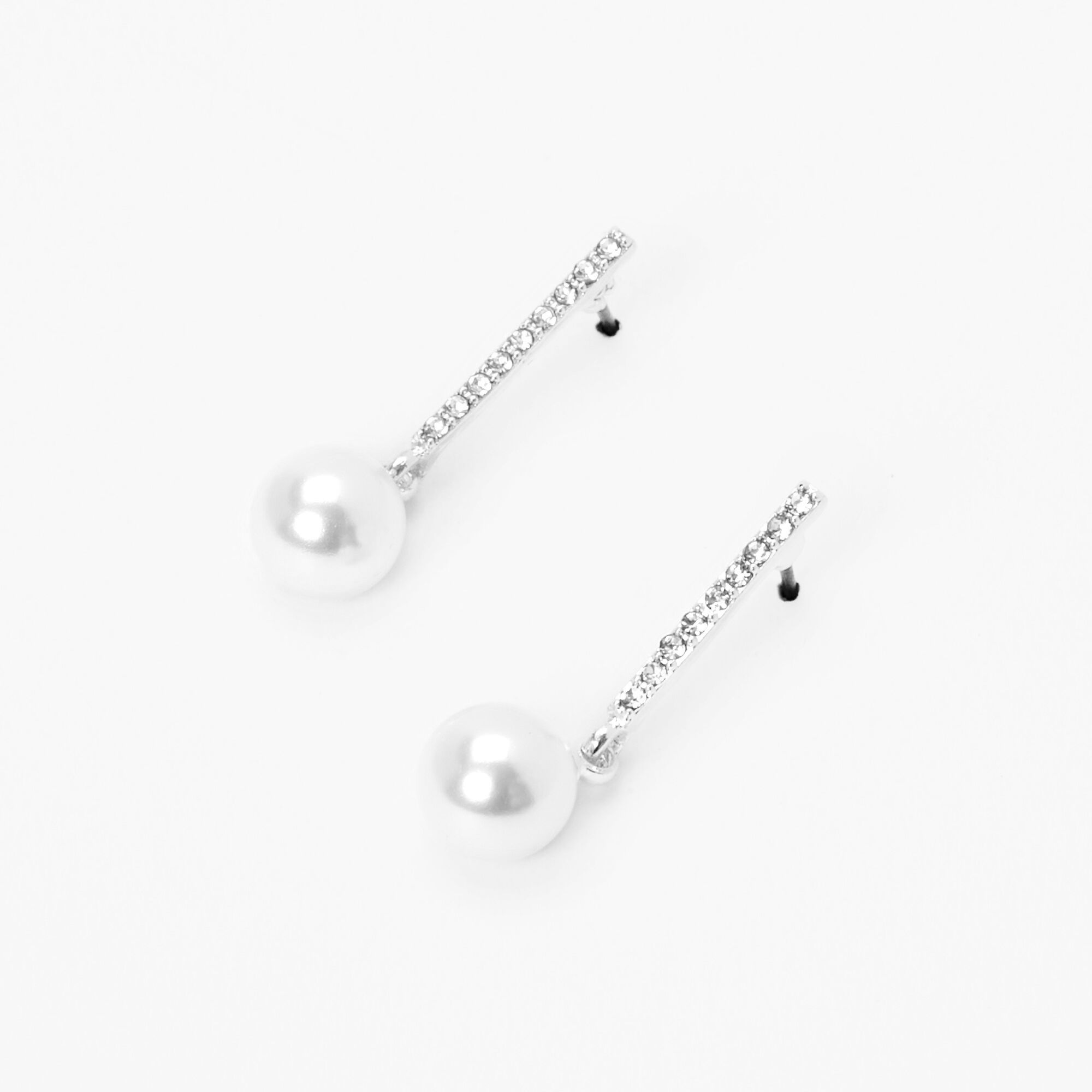 View Claires Tone Pearl Crystal 1 Bar Drop Earrings Silver information