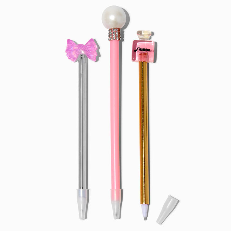 Ensemble de stylos bouteille de parfum, perle d&#39;imitation et n&oelig;ud rose - Lot de 3,