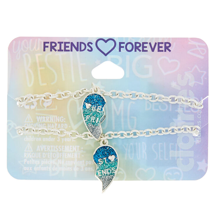 Silver-tone Heart Chain Friendship Bracelets - Blue, 2 Pack,