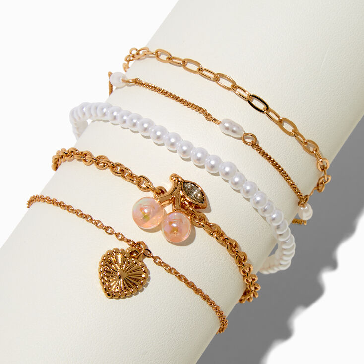 Gold-tone Pearlized Cherry Bracelet Set - 5 Pack,