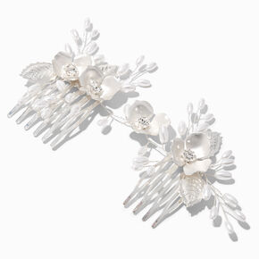 Barrette florale perles d&rsquo;imitation couleur argent&eacute;e mate,