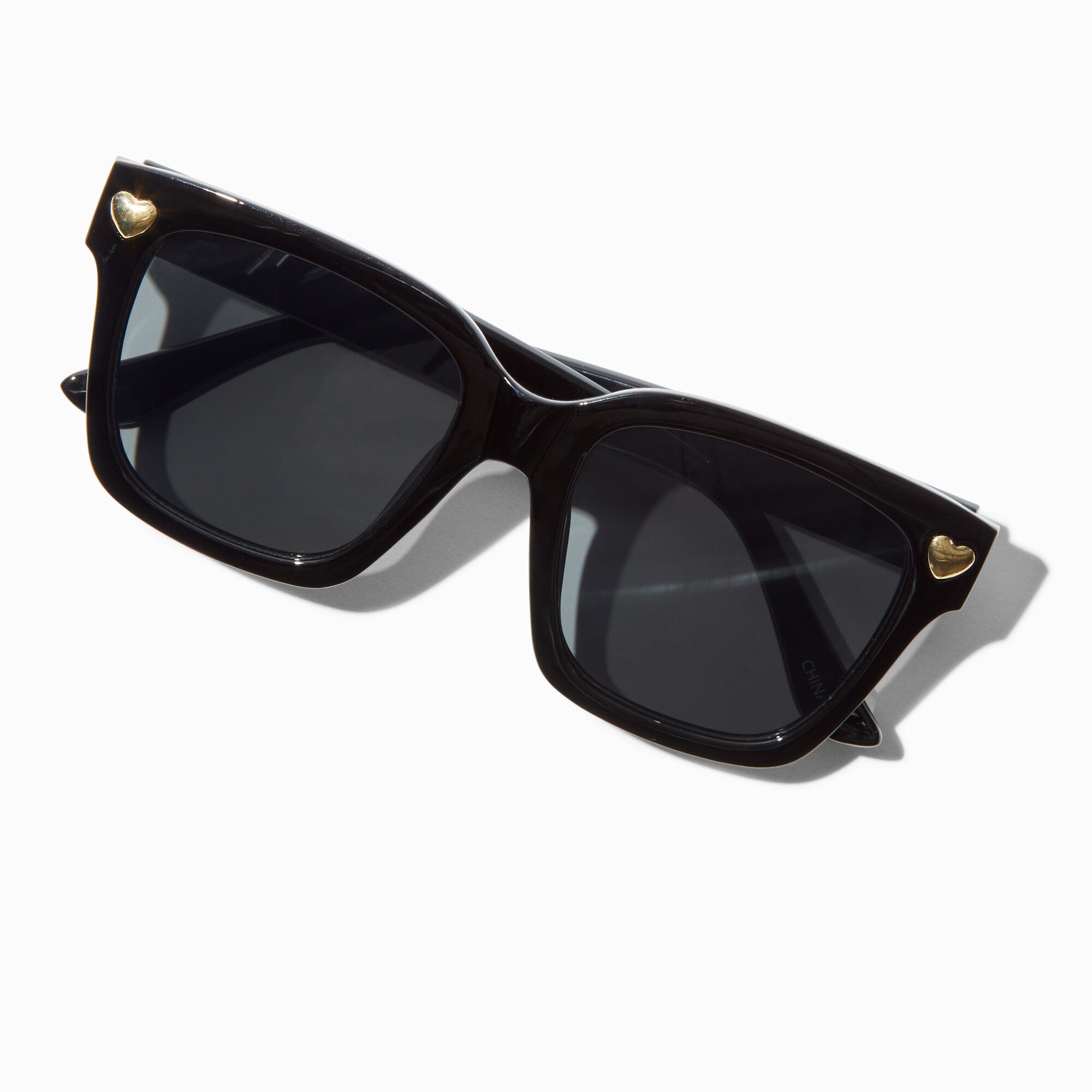 Gold Heart Studded Black Rectangular Sunglasses,