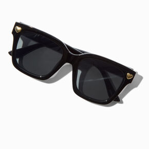 Gold Heart Studded Black Rectangular Sunglasses,