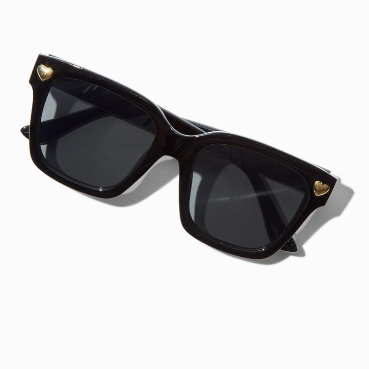 Gold Heart Studded Black Rectangular Sunglasses,