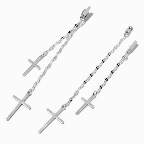 Silver-tone Cross Tinsel Chain Drop Earrings,