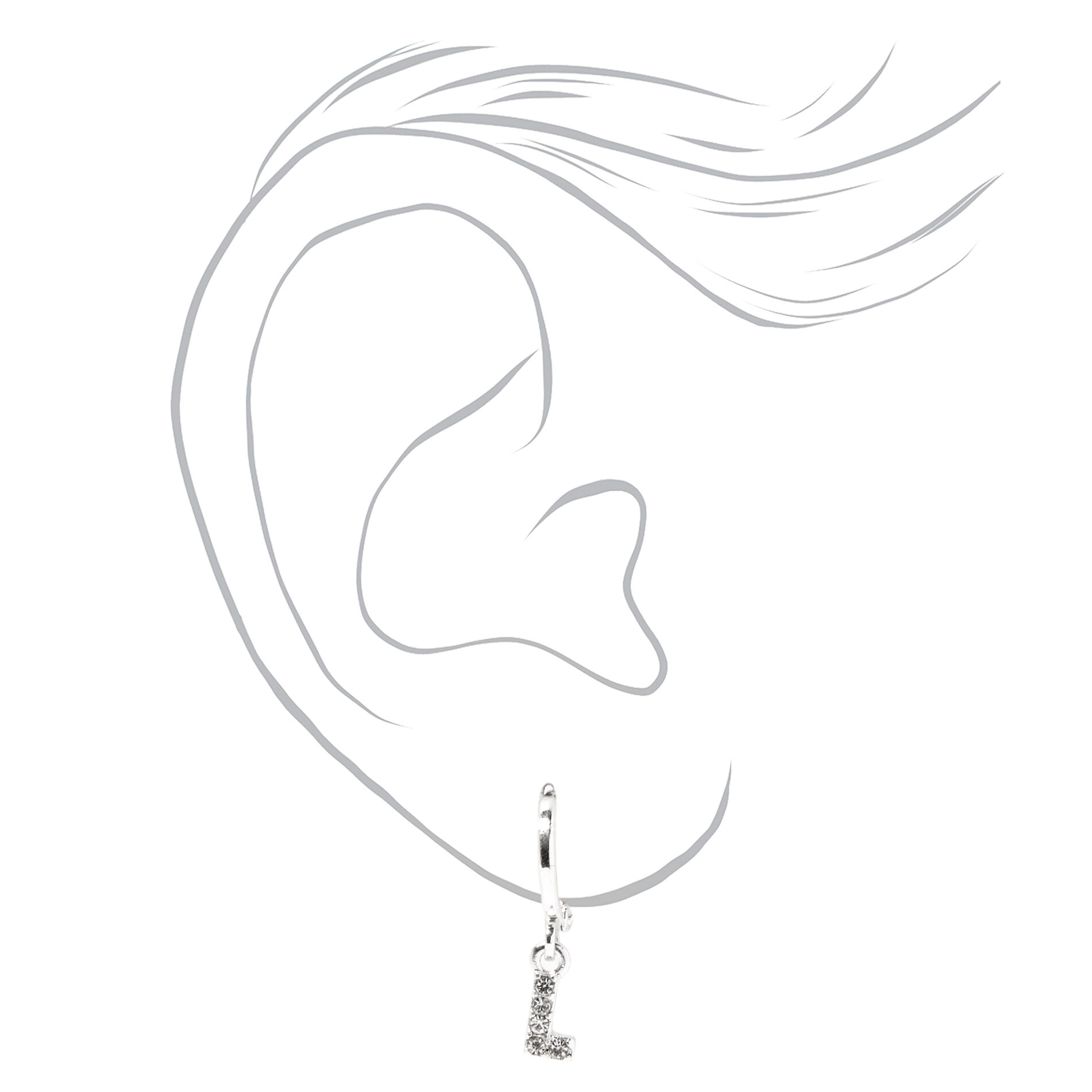 Silver Embellished Initial Huggie Hoop & Stud Earrings - 3 Pack, L,
