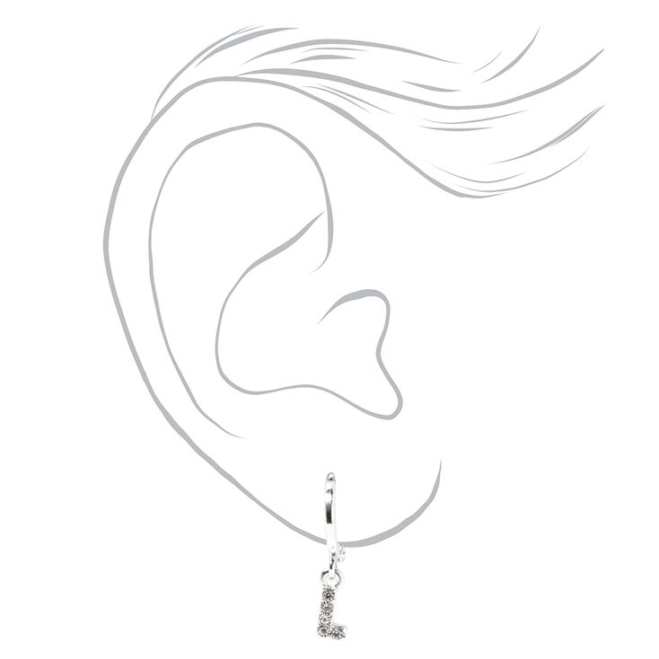 Silver Embellished Initial Huggie Hoop &amp; Stud Earrings - 3 Pack, L,