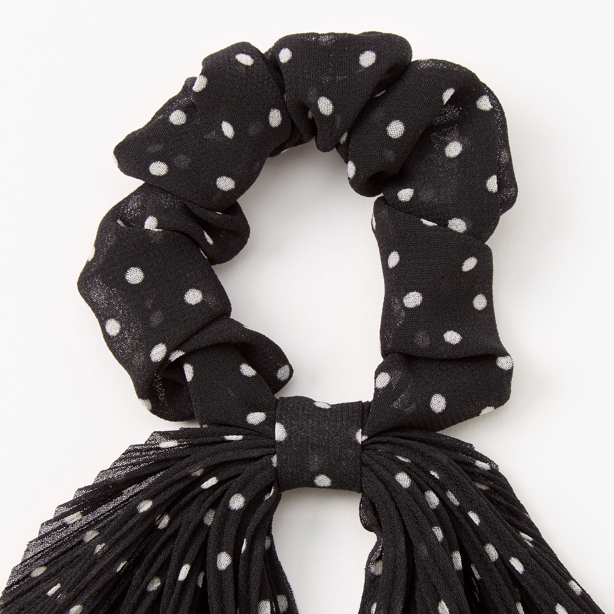 Pleated Polka Dot Hair Scrunchie Scarf - Black,