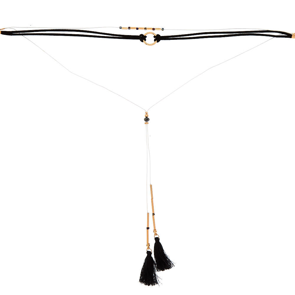 Gold Tassel Choker Multi Strand Necklace - Black,