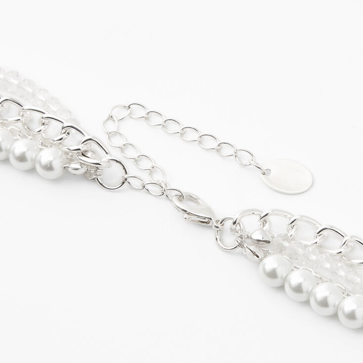 Silver Rhinestone Pearl Chain Multi Strand Necklace,