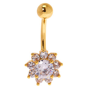 Gold-tone Stainless Steel Crystal Flower 14G Belly Bar,