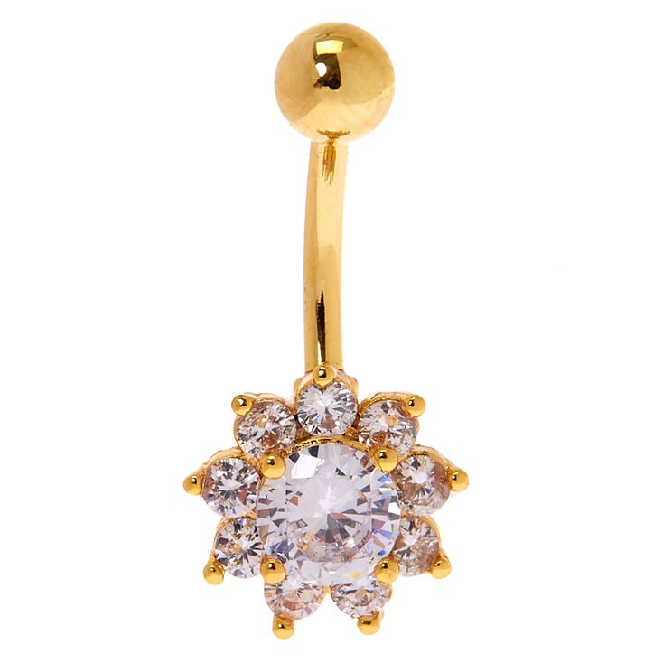 Gold-tone Stainless Steel Crystal Flower 14G Belly Bar,