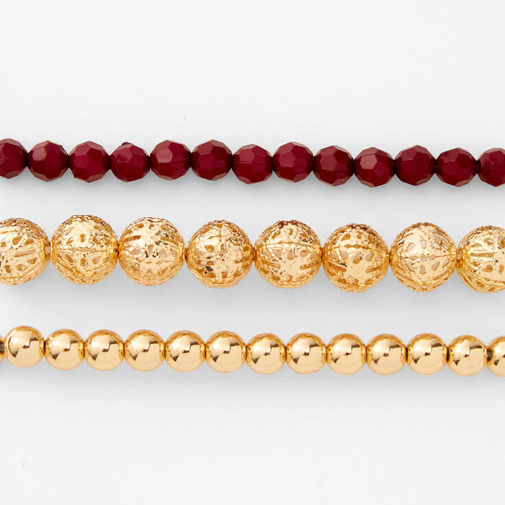 Elegant Gold and Burgungy Beaded Stretch Bracelet Set - 3 Pack,