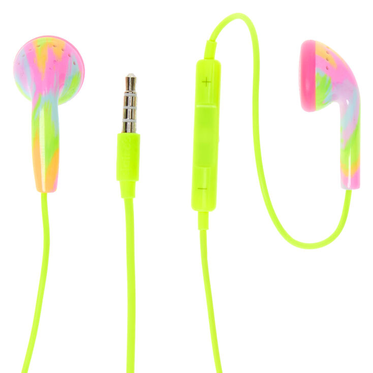 Neon Tie Dye Earbuds with Mic - Yellow,
