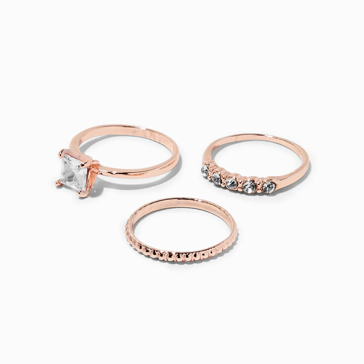 Rose Gold-tone Cubic Zirconia Square Ring Stack Set - 3 Pack ,