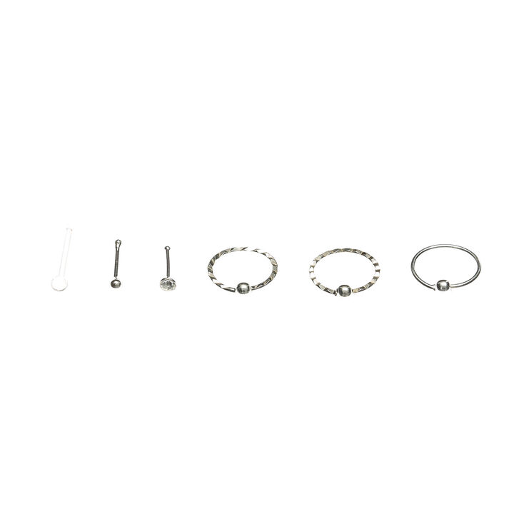 Anneaux et clous pour piercing de nez basiques 0,6&nbsp;mm couleur argent&eacute;e et transparents - Lot de 6,