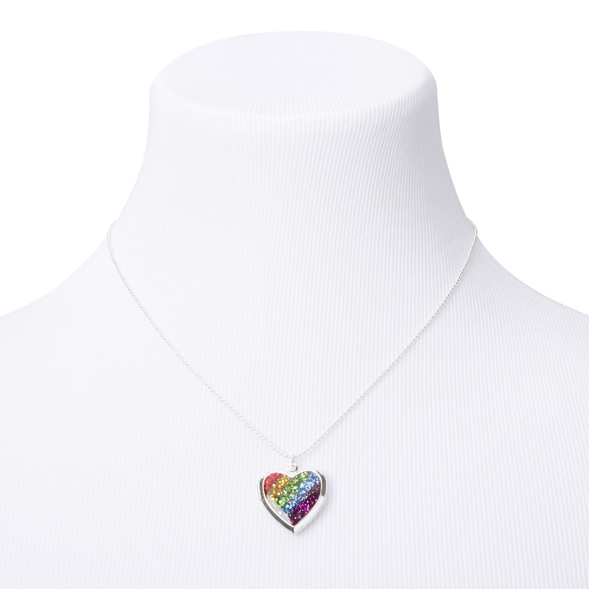 Silver Rainbow Heart Locket Pendant Necklace,