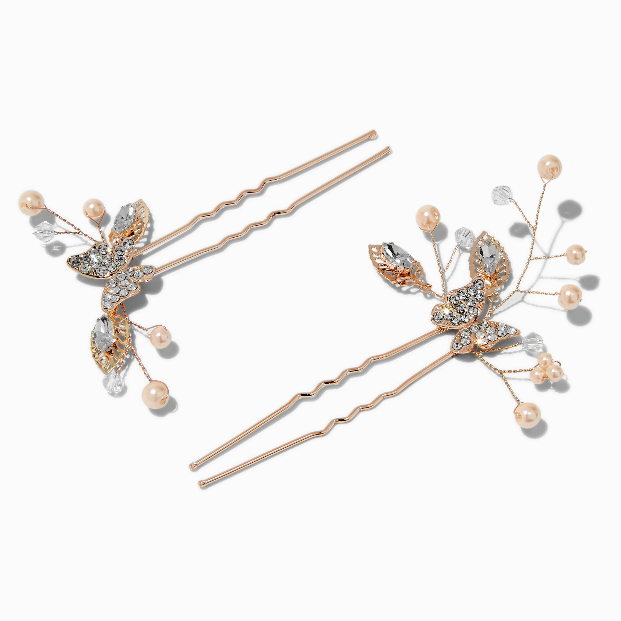 Rose Gold-tone Crystal Butterfly & Pearl Spray Hair Pins - 2 Pack,