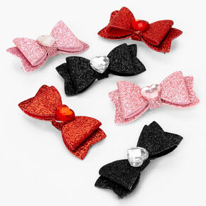 Gemstone Hearts Glitter Bow Hair Clips - 6 Pack,