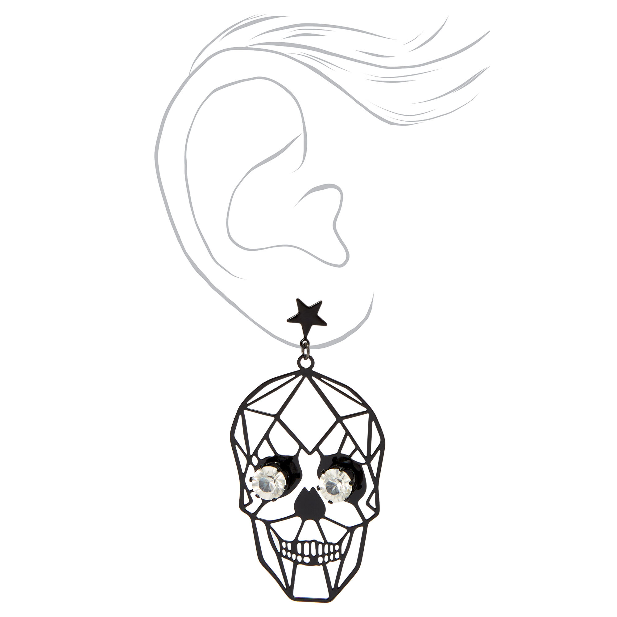 Silver  2" Faux Gemstone Skull Drop Earrings - Black,