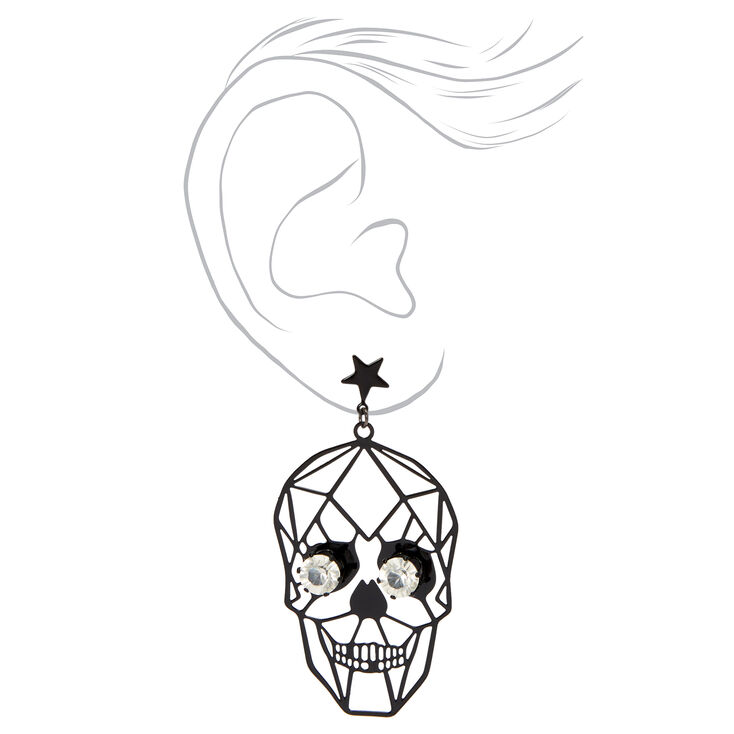Faux Gemstone Black Skull Drop Earrings,