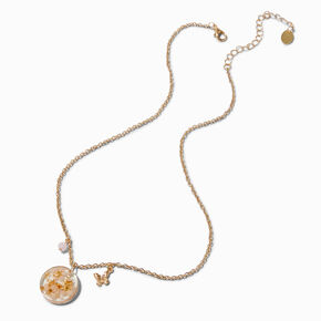 Pink Pressed Flowers Gold-tone Pendant Necklace ,
