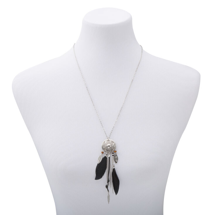 Silver Feather Medallion Long Pendant Necklace - Black,