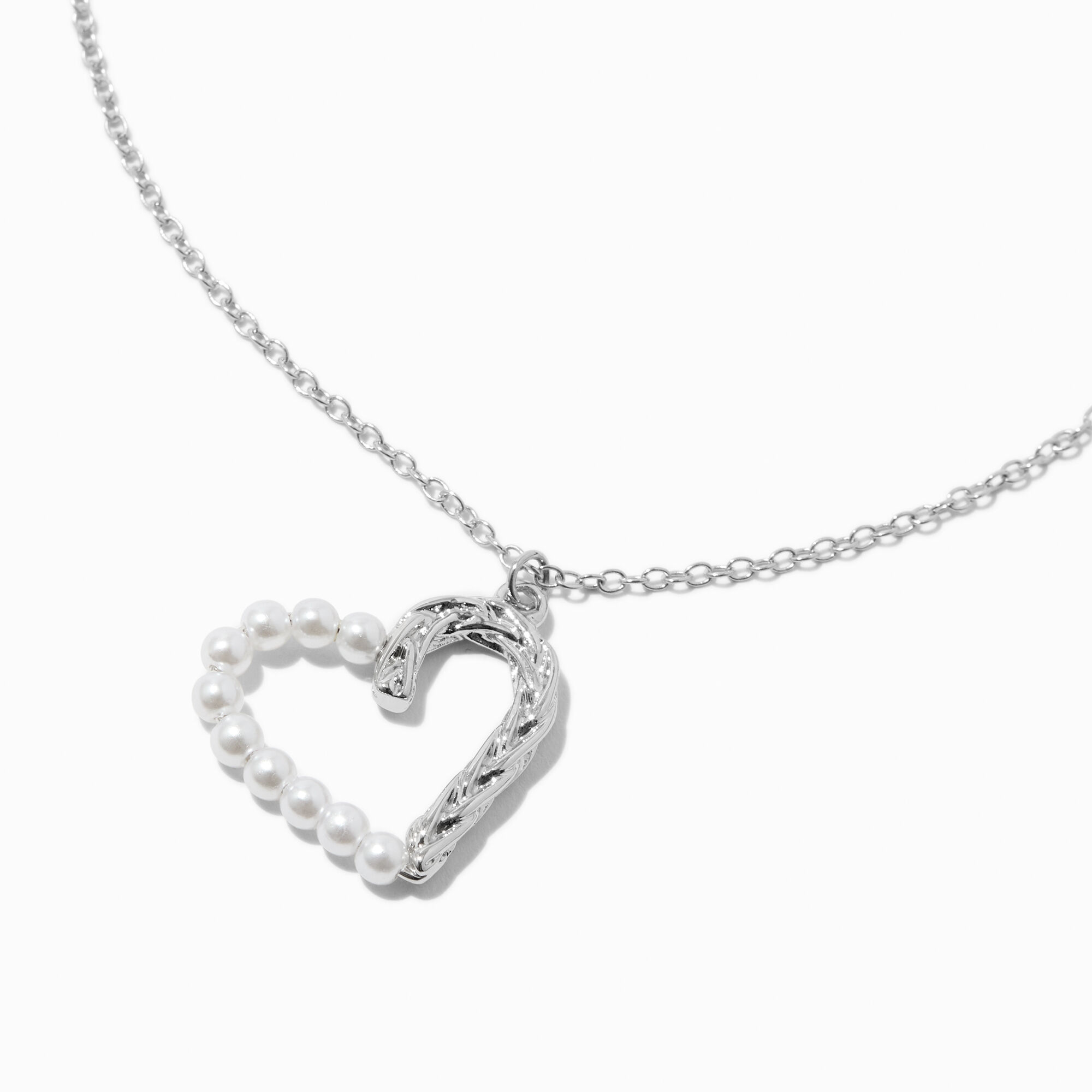 View Claires Textured Pearl Heart Pendant Necklace Silver information