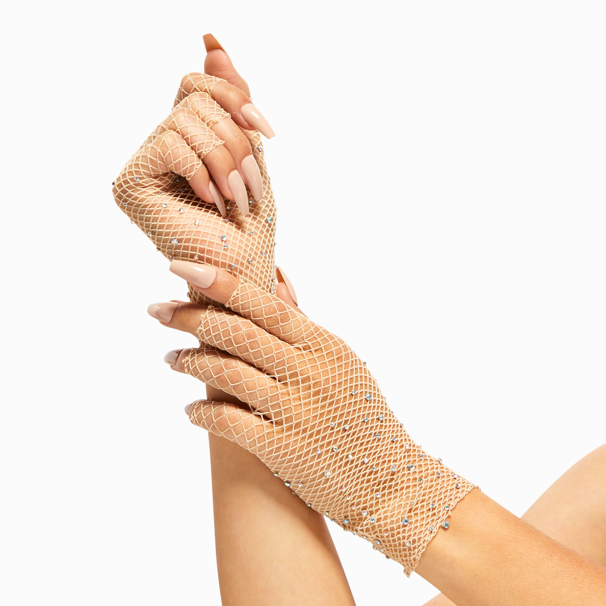 Mitaines en résille avec strass - Nude,