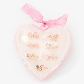 Claire&#39;s Club Heart Box Bow Rings - Pink, 7 Pack,