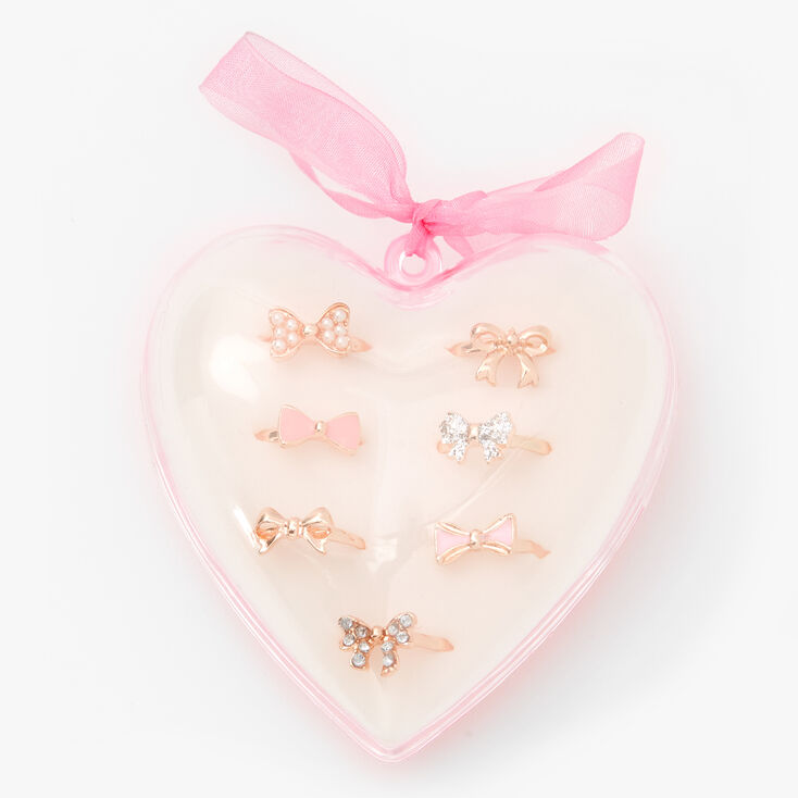 Claire&#39;s Club Heart Box Bow Rings - Pink, 7 Pack,