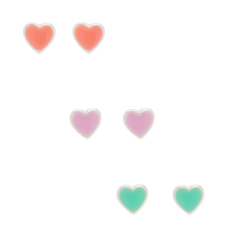 Sterling Silver Enamel Heart Stud Earrings - 3 Pack,