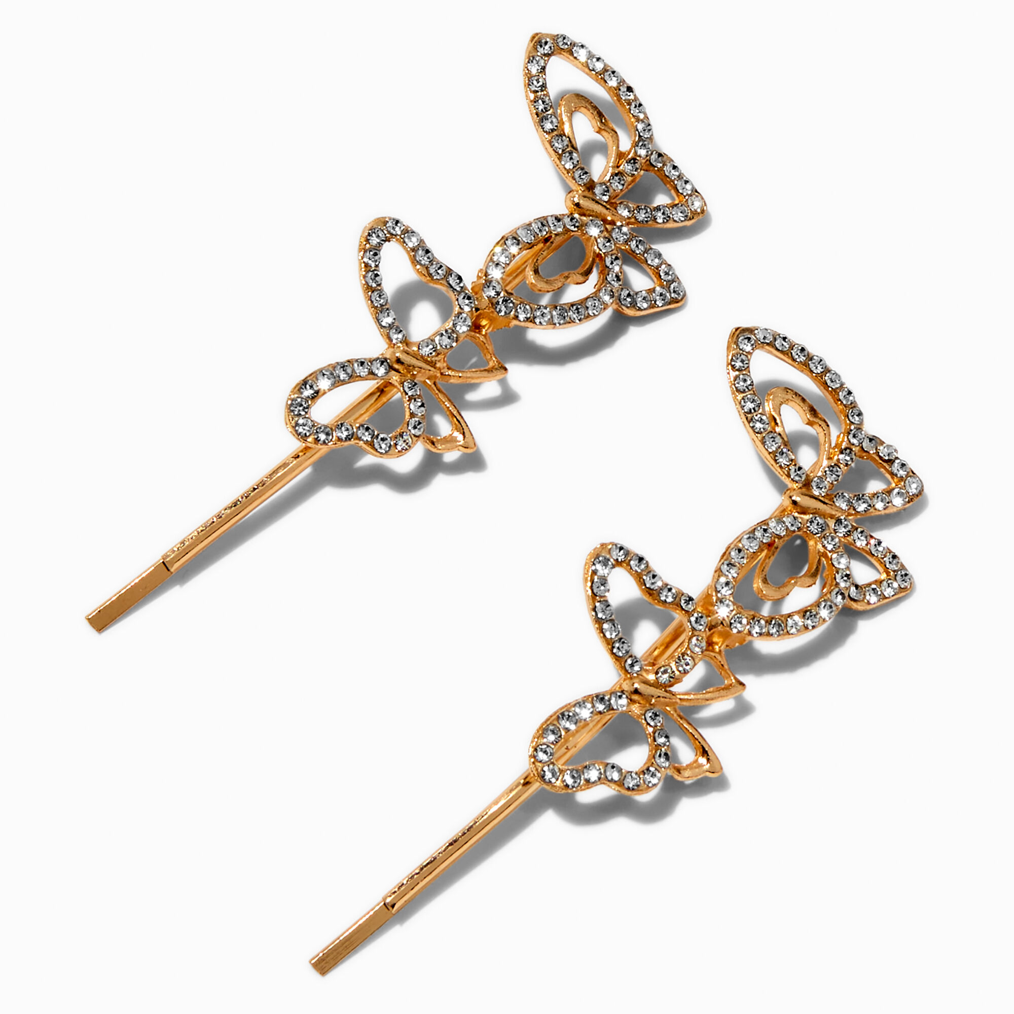 View Claires Tone Crystal Butterfly Hair Pins 2 Pack Gold information