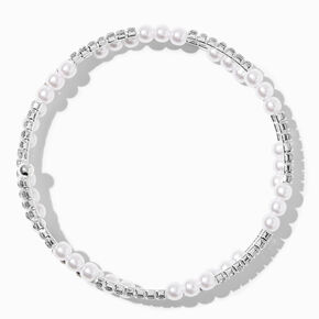 Bracelet double tour perle d&rsquo;imitation et strass couleur argent&eacute;e,