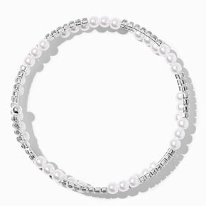 Bracelet double tour perle d&rsquo;imitation et strass couleur argent&eacute;e,