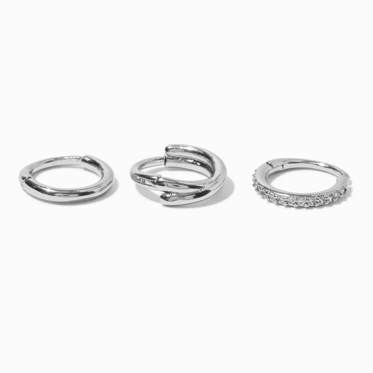 18G Silver-tone Stainless Steel Cubic Zirconia Twist Nose Hoops - 3 Pack,
