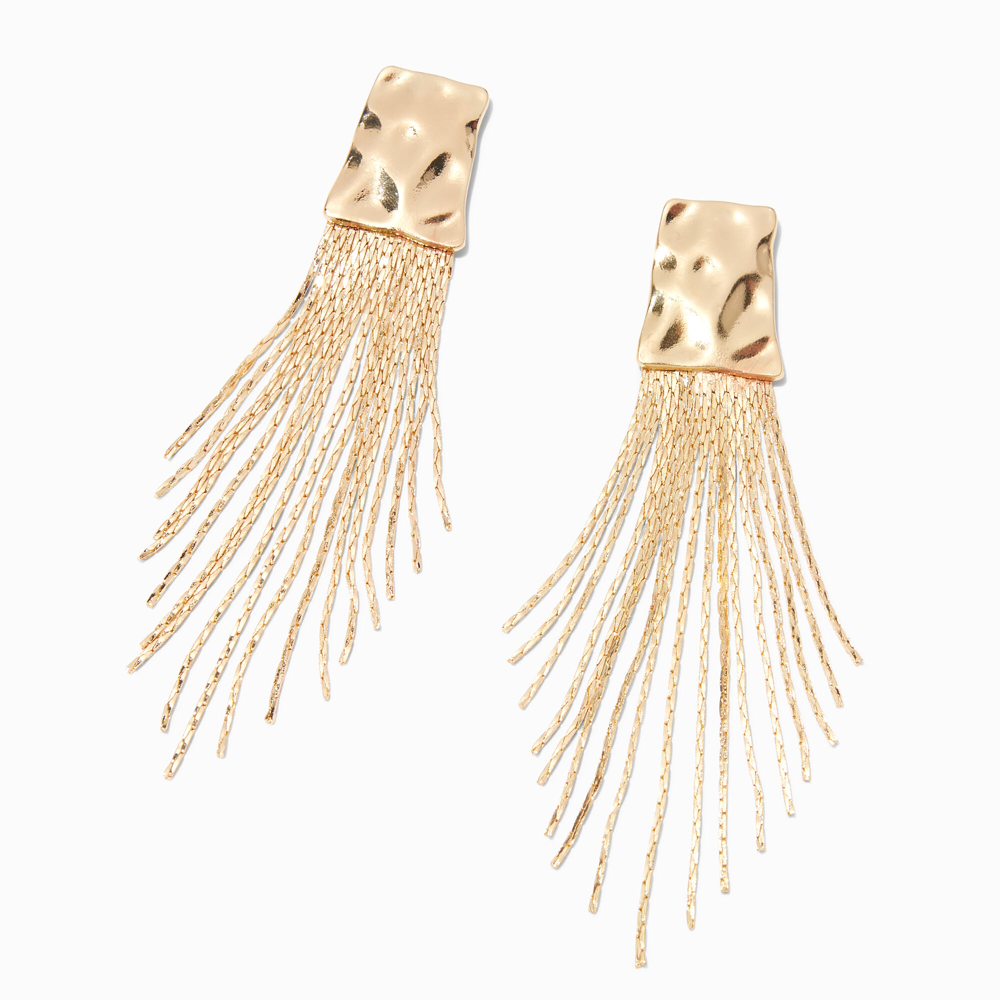 View Claires Tone 5 Hammered Square Fringe Drop Earrings Gold information