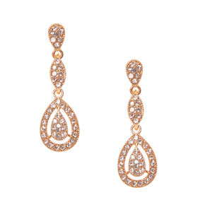 Rose Gold Pav&eacute; Rhinestone Framed Teardrop Drop Earrings,