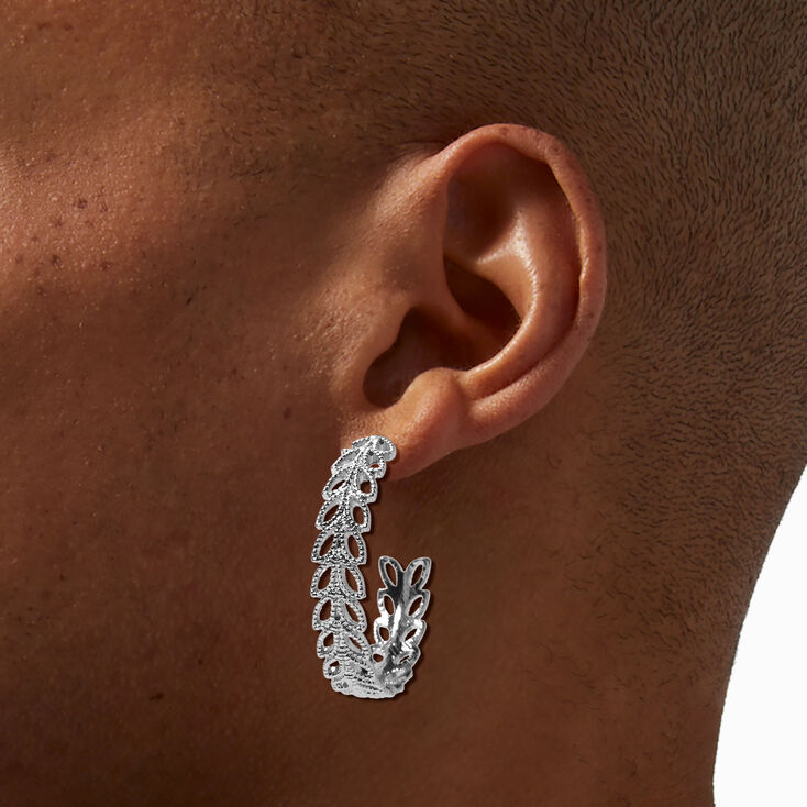 Silver-tone 40mm Textured Leaf Hoop Earrings,
