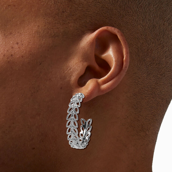 Silver 40MM Textured Leaf Hoop Earrings,