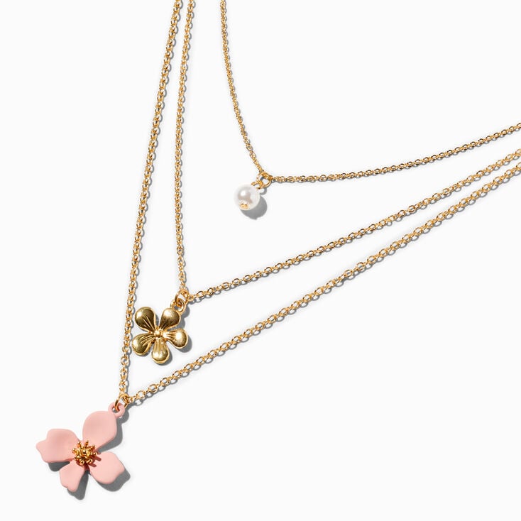 Collier multi-rangs perle d&rsquo;imitation et fleur de cerisier rose,