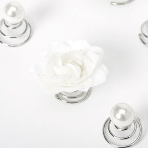 Spirales &agrave; cheveux avec rose artificielle et perles d&rsquo;imitation - Blanc, lot de 6,