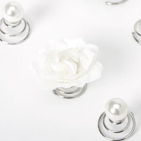 Spirales &agrave; cheveux avec rose artificielle et perles d&rsquo;imitation - Blanc, lot de 6,