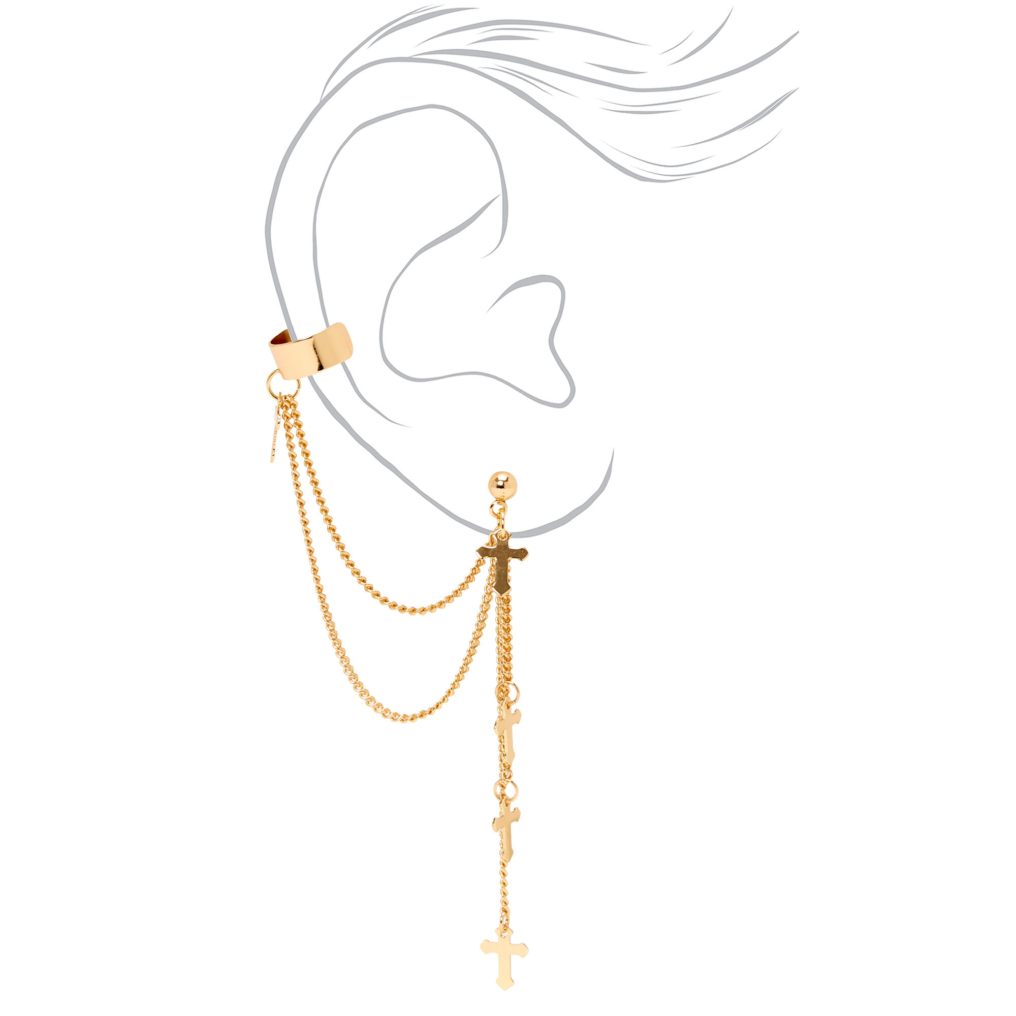 Gold 3" Cross Linear Ear Cuff Drop Earrings,