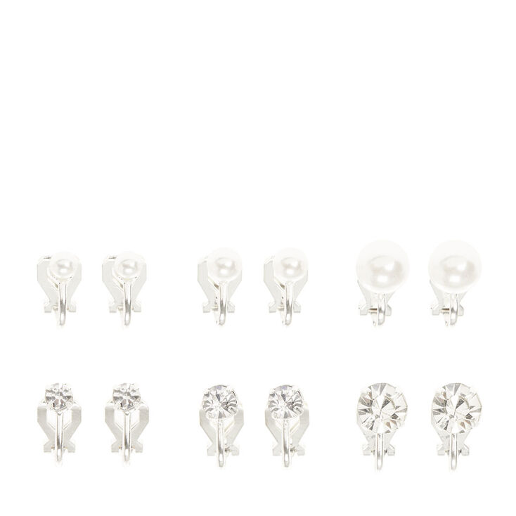 Silver Pearl and Crystal Graduated Clip On Stud Earrings - 6 Pack,
